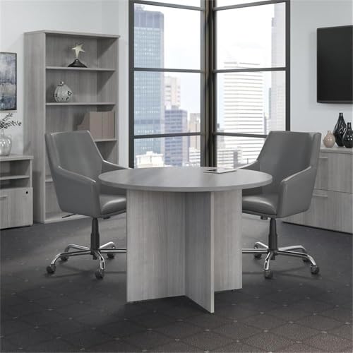 Pemberly Row 42W Round Conference Table with Wood Base in Platinum Gray - Wood Pemberly Row