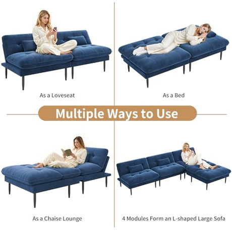 NEDYO 70 inch Convertible Futon Sofa Bed, Velvet Sleeper Sofa with Adjustable Backrest, Thick Fill and Convertible Modules, 4 in 1 Loveseat Couch for Living Room, Blue NEDYO