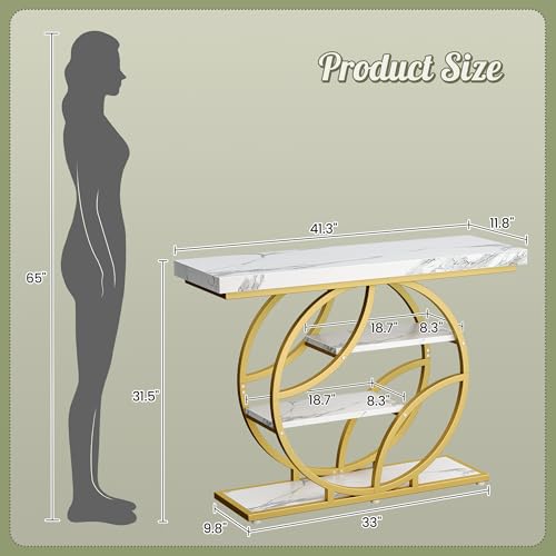 Huuger 41.3 Inch Entryway Table with Marble Top, Modern Console Sofa Table, Accent Table with Shelves, for Entry, Hallway, Entrance, Foyer, O-Shaped Metal Frame, White Marble & Gold Huuger