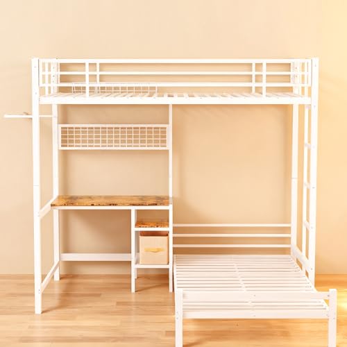 KEIKI Twin Over Twin Size Bunk Bed with Desk, L-Shaped Metal Bunk Bed Storage Shelves, Loft Beds with Safety Guardrail and Ladder for Teen, White KEIKI