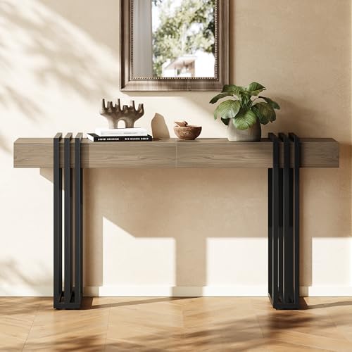 Curlaky 63" Long Console Table for Entryway - Behind Couch Table for Living Room, Wood Sofa Tables with Black Parallel Metal Frame & Power Outlet for Hallway, Entrance, Narrow Foyer, Light Walnut Curlaky