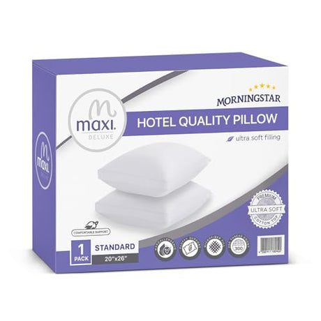 Maxi Deluxe Standard Size Bed Pillow – Ultra Soft & Comfortable – Versatile for Side, Back & Stomach Sleepers – 300TC Cotton Top – Single Pack – (Standard Size Pillow is 20 x 26) Maxi