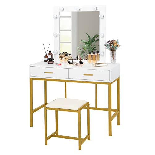 VINGLI 40" Vanity Set with Lighted Mirror and Stool,White Makeup Vanity Table Set with 9 Lights for Women,Bedroom Makeup Dressing Table with 2 Drawers and Stool,White&Gold VINGLI
