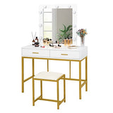 VINGLI 40" Vanity Set with Lighted Mirror and Stool,White Makeup Vanity Table Set with 9 Lights for Women,Bedroom Makeup Dressing Table with 2 Drawers and Stool,White&Gold VINGLI