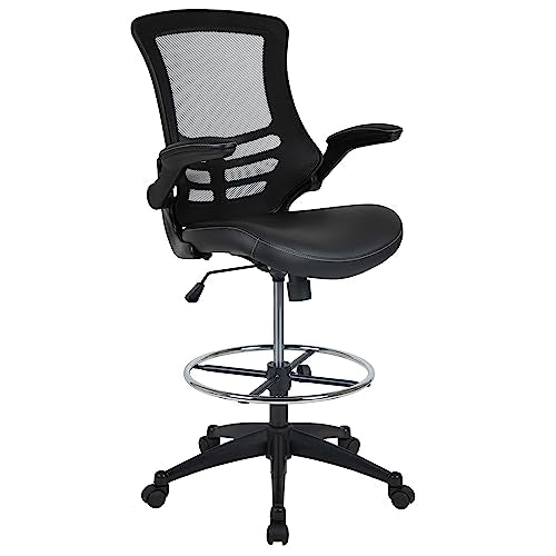 Flash Furniture Kelista Mid-Back Swivel Office Chair with Adjustable LeatherSoft Seat Height, Ergonomic Mesh Chair with Flip-Up Arms, Black Flash Furniture