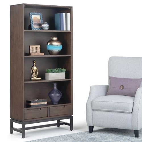 SIMPLIHOME Banting Bookcase - 66 inch Tall Solid Hardwood and Metal Bookshelf in Walnut Brown, Industrial Storage for Living Room, Study Room or Office with Open Shelves and Metal Frame SIMPLIHOME