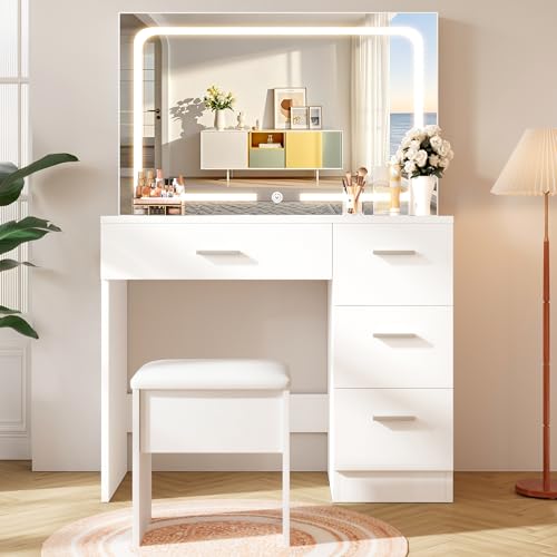 LIVELYGLOW Vanity Desk with LED Mirror, Makeup Vanity with Drawer and Cushion Stool, Dressing Table for Bedrrom, White LIVELYGLOW