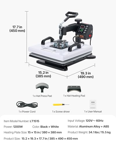 VEVOR Heat Press Machine, 15 x 15 in, 2-in-1 Multifunction, 360° Swing Away, 1200W Double Tube Fast and Even Heating, Digital Precise Control, Sublimation Press Machine for T-Shirts, Hats, Caps VEVOR