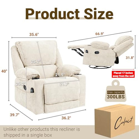 Culect 360° Swivel Rocker Recliner Multi-Functional Nursing Chair with Heating and Massage, Manual Recliner Chair with Cup Holders, Lazyboy Recliner Chair for Living Room and Bedroom, Beige Chenille Culect