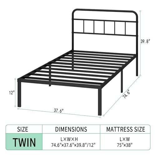 Ziguxiao Twin Bed Frame with Classic Headboard,Strong Metal Slats Support,Under Bed Storage Space,No Box Spring Needed,Easy to Assemble,Black Ziguxiao