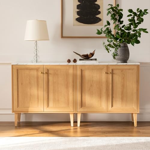 EYYTHUNG Storage Cabinet Sideboard Buffet Cabinet, Modern Accent Cabinet with Faux Marble Top & Adjustable Shelves, Wooden Credenza, Console Table Entryway Cabinet for Living Room, Oak - WoodArtSupply