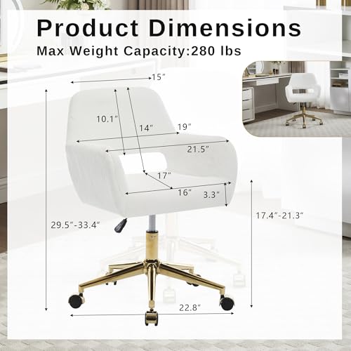 HENGJIANYI Faux Fur Swivel Desk Chair, Modern Fluffy Makeup Vanity Chair, Height Adjustable Armchair with Gold Base, Ergonomic Office Chair with Hollowed Back, White HENGJIANYI