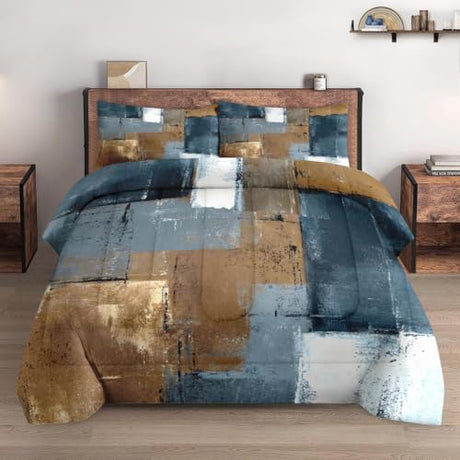 WeCozy Queen Size Comforter Set with 2 Pillowcases, Grey Brown Painting 3 Pcs Bedding for Kids and Adults, Beige Contemporary Soft Comforter Set for Bedroom Bed Decor WeCozy