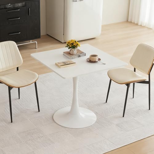Hansweld Square Dining Table, 31.5" Tulip Table with Thickened Tabletop & Metal Pedestal, Mid Century Modern Bistro Table for Kitchen, Small Places, Living Room, Cafe (White) Hansweld