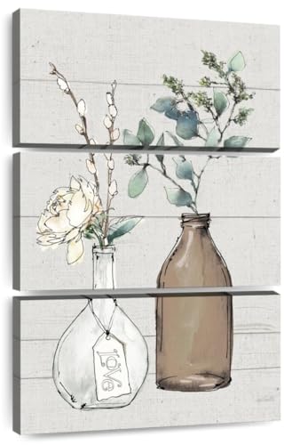 Elephant Stock - Modern Farmhouse II Shiplap Wall Art - Vertical Multi Panel Canvas - 3 Piece Living Room Wall Decor - Watercolor Eucalyptus Multi Piece Wall Art - Gray And Brown Decor by Anne Tavoletti - 42" x 65" ElephantStock