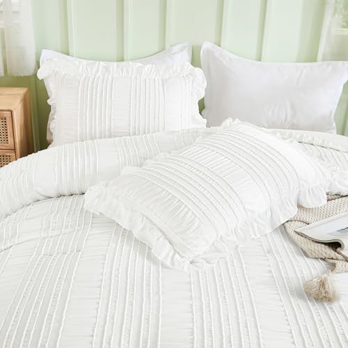 WONGS BEDDING White Comforter Set King,3 Pieces Ruffle Farmhouse Shabby Chic Boho Comforter for King Bed,Soft Textured Bedding Set with 1 Ruffle Comforter,2 Tufted Pillowcases 104"×90" WONGS BEDDING