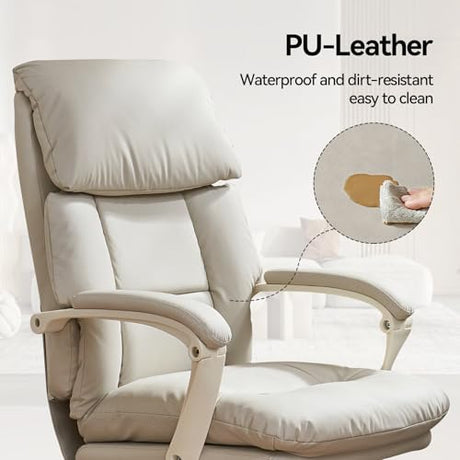 EMIAH Office Chair with Foot Rest, Ergonomic Executive Office Chair with Arms, Reclining High Back PU Leather Comfy Swivel Computer Desk Chairs with Wheels and Lumbar Support for Home Office, Beige EMIAH
