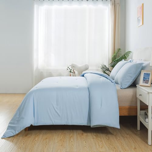 Caressma Light Blue Comforter Set Twin Size, Solid Lightweight Down Alternative Soft Boho Bedding Comforter Set, Breathable Fluffy Microfiber Skin-Friendly Comforter (68"x90") for All Seasons Caressma