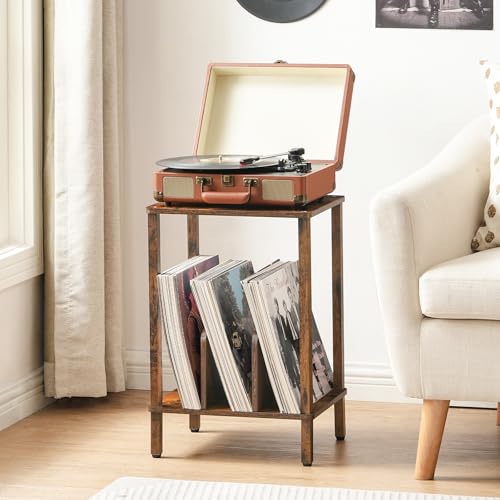 HOOBRO Small End Table, 2-Tier Record Player Stand Vinyl Record Turntable Stand with Storage up to 100 Albums, Small Side Table for Living Room, Bedroom Rustic Brown, FG05RS01 HOOBRO