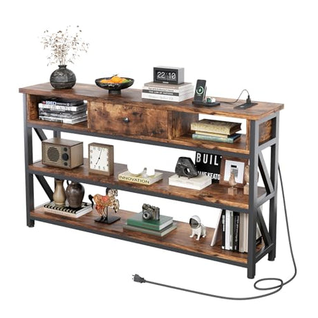Mexin 47 Inch Console Table with 2 Outlet and 2 USB Ports, Entryway Table with Drawer and Storage Shelves, Narrow Sofa Table for Living Room and Hallway, Vintage Brown Mexin
