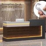 Laxodor 86.6“L-Shaped Reception Desk with Counter,Modern Reception Desk,Front Counter Table with Adjustable File Cabinet & Keyboard Tray,for Office, Hotel,Financia/Law Firms (Brown+Gray+White) Laxodor