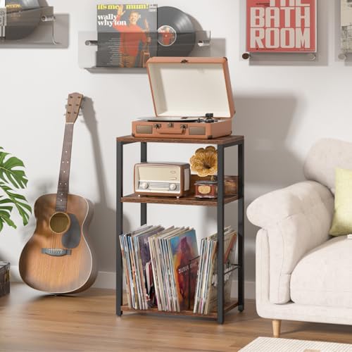 LELELINKY Record Player Stand, 3-Tier End Side Table with Vinyl Record Storage, Vinyl Record Holder Up to 120 Albums, Turntable Stand with Vinyls Storage for Music Living Room, Brown LELELINKY