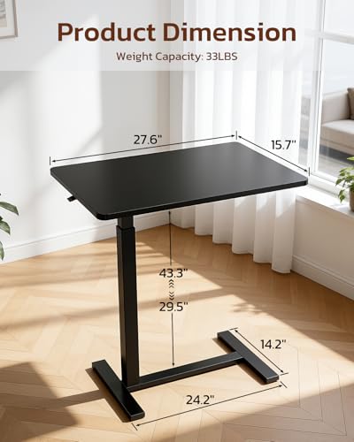 Overbed Bedside Table with Hidden Casters, Adjustable Pneumatic Mobile Laptop Computer Standing Desk, Rolling Laptop Table, Movable Overbed Table Hospital Home Use, Black Simple Deluxe
