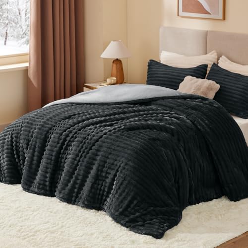 BEDELITE Fleece King Comforter Set -Super Soft & Warm Fluffy Black Bedding, Luxury Fuzzy Heavy Bed Set for Winter with 2 Pillow Cases BEDELITE