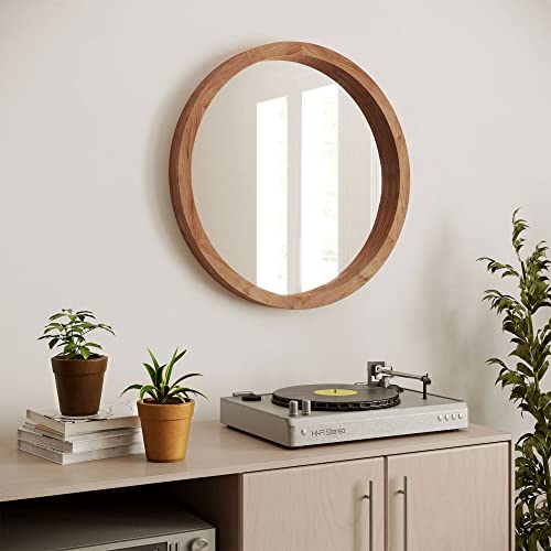 Barnyard Designs 24" Round Wood Mirror - Natural Wooden Frame, Large Circle Mirror for Wall, Home Decor or Bathroom Vanity, Brown - WoodArtSupply