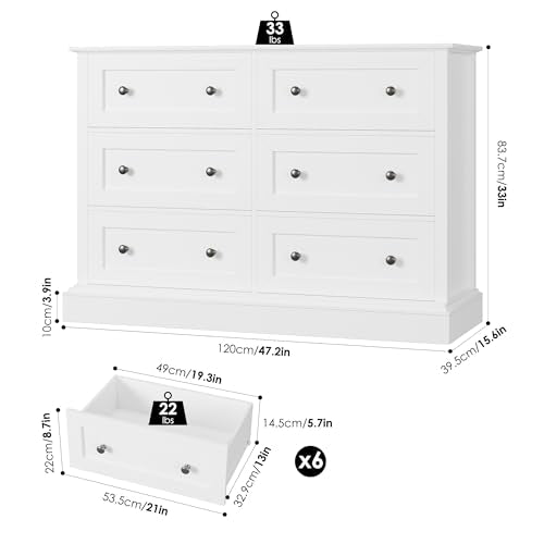 FACBOTALL Modern 6 Drawer Double Dresser, White Dresser Wood Dresser, Wide Chest of Drawers with Deep Drawers & Mental Double Handles Nursery Dresser for Living Room, Hallway FACBOTALL