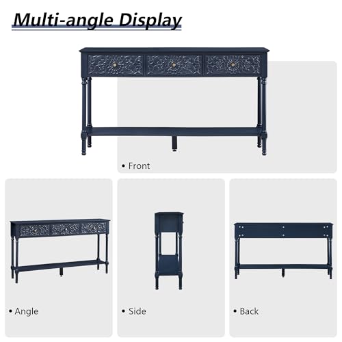 weselon 55.5" Carved Console Table with 3 Drawers, 2-Tier Sofa Table with Glossy Floral Surface and Solid Wood Legs, Mid-Century Modern Entryway Table for Living Room Hallway (Midnight Blue) weselon