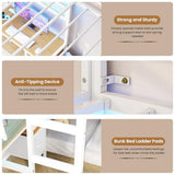 DICTAC Twin Over Twin Bunk Bed with Desk,Led Lights and Charging Station Metal L-Shaped Bunk Beds with Storage Drawers and Shelves, Loft Bed with Safety Guardrail and Ladder for Kids and Teen,White DICTAC