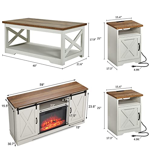 AMERLIFE 5-Piece Farmhouse Table Set Includes Fireplace TV Stand, Coffee Table& Two End Tables with Charging Station and USB Ports, for Living Room, Distressed White, 59"