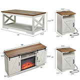 AMERLIFE 5-Piece Farmhouse Table Set Includes Fireplace TV Stand, Coffee Table& Two End Tables with Charging Station and USB Ports, for Living Room, Distressed White, 59" AMERLIFE