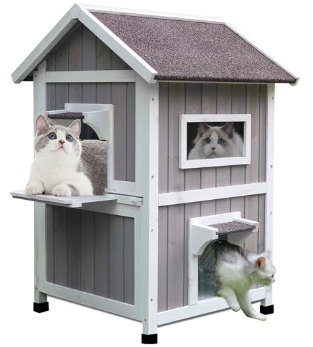 Rockever Outdoor Cat House, Large Outdoor Houses for Feral Cats Wooden Outside Cat Shelter Weatherproof with Escape Door Rockever
