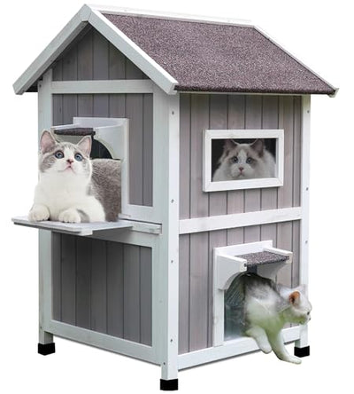 Rockever Outdoor Cat House, Large Outdoor Houses for Feral Cats Wooden Outside Cat Shelter Weatherproof with Escape Door