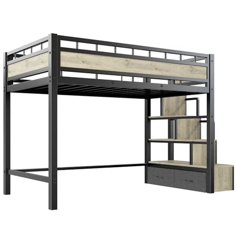 SogesSleep Loft Bed Twin Size with Stairs, More Sturdy Metal Loft Bed with Built-in Storage Stairs and Large Under-Bed Space, Used for Teens, Space Saving for Apartment or Dorm, No Box Spring, Black SogesSleep