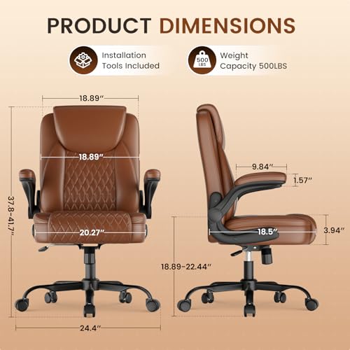 COMHOMA Office Chair 400lbs, Home Desk Chair with Flip-up Arms and Ergonomic Back - Heavy Duty PU Leather Executive Chair for Home Office Gaming, Brown COMHOMA