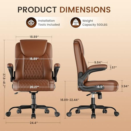 COMHOMA Office Chair 400lbs, Home Desk Chair with Flip-up Arms and Ergonomic Back - Heavy Duty PU Leather Executive Chair for Home Office Gaming, Brown COMHOMA