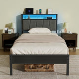Z-hom Storage Headboard with Charging Station Twin Bed Frame, LED Bed with Upholstered Headboard and Footboard, Metal Platform Bed with 2-Tier Shelves, Easy Assembly, No Box Spring Needed, Noise Free Z-hom