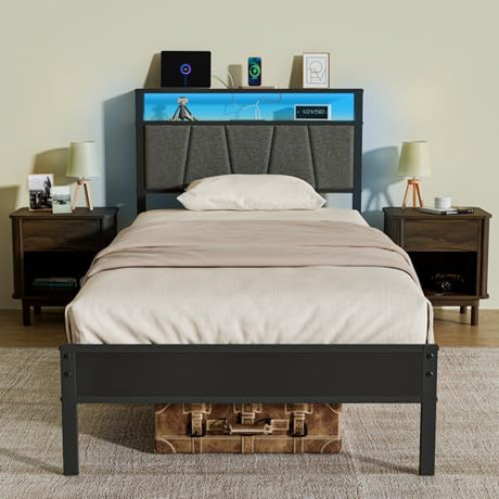 Z-hom Storage Headboard with Charging Station Twin Bed Frame, LED Bed with Upholstered Headboard and Footboard, Metal Platform Bed with 2-Tier Shelves, Easy Assembly, No Box Spring Needed, Noise Free Z-hom