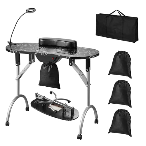 VEVOR Portable Manicure Table, Foldable Nail Table with Electric Dust Collector, Moveable Nail Tech Desk & 4 Wheels, 3 Dust Bags, Bendable LED Lamp, VEVOR