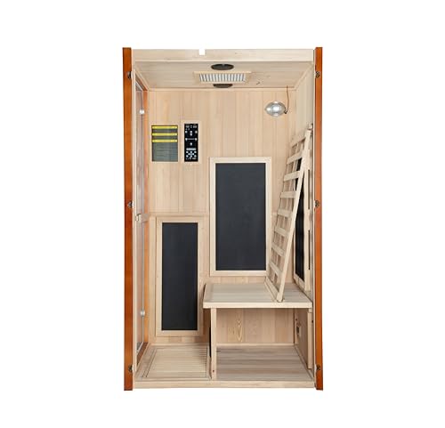 Woodbridge Infrared Home Sauna Room 1 Person Japanese Cedar Indoor Sauna with 7 Carbon Heaters, Red Light Therapy, Bluetooth Speaker, Intelligent Control Panel, Tempered Glass & Top Vent WOODBRIDGE