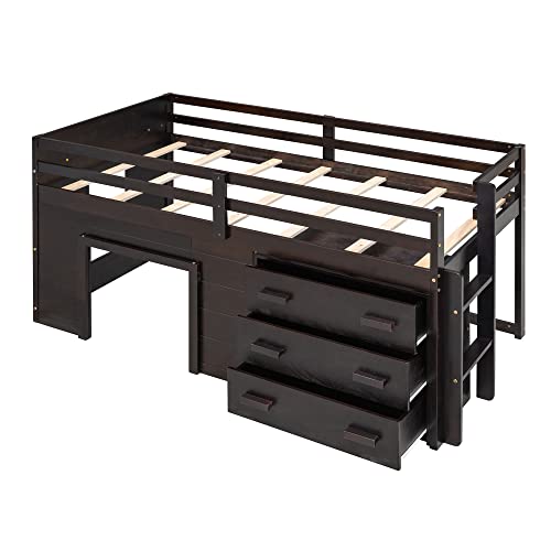 Merax Twin Wooden Loft Bed，Wood Bedframe for Kids Teens， Adults Bedroom with Cabinet, Shelf, Stairs, Espresso Merax