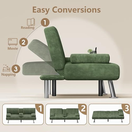 Flamaker Futon Sofa Bed Corduroy Folding Couch Adjustable Sleeper Sofa Bed for Small Apartment Upholstered Living Room Furniture Set with 2 Cup Holders Removable Armrests (Corduroy, Green) Flamaker