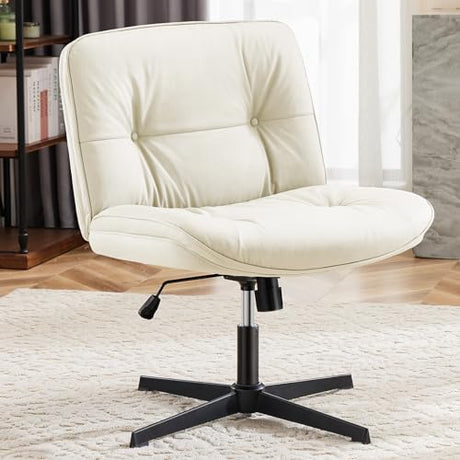OLIXIS Criss Cross Chair Without Wheels, Cross Legged Office Chair, Armless Wide Vanity Desk Chair with Comfy PU Leather& Back - Swivel for Home Office Bedroom, Beige OLIXIS