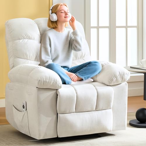 SLEKVERSA Recliner Chair with Massage and Heat, 35.4" Recliner with Vibration Massage and Side Pocket, Comfortable Reclining Chair for Living Room, Nursery, Bedroom, White