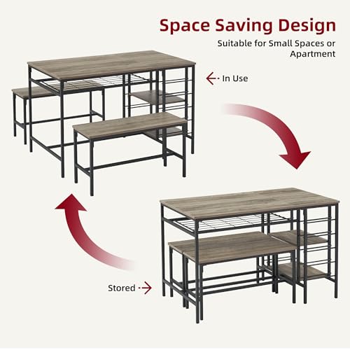 Garvee Dining Table Set for 4, Kitchen Table Set for 4 with 2 Benches, 3 Piece Dining Room Table Set for Small Space Apartment, Grey Garvee