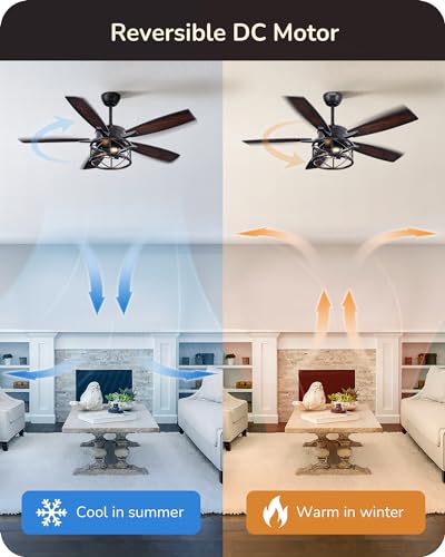 EDISHINE 52 Inch Farmhouse Ceiling Fans With Lights, Rustic Ceiling Fan With Light and Remote, 5 Wood Blades Ceiling Fan with Timer, 6 Speeds Reversible DC Motor for Bedroom, Patio, Porch EDISHINE