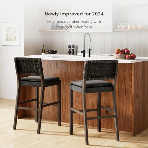 Nathan James Cohen Mid-Century Modern 29 in. Wood Bar Stool, Upholstered Faux Leather Bar Height Stool with Solid Wood Frame, Black - WoodArtSupply